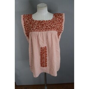 J. Marie Embroidered Top Large Orange Stripe Square Neck Peasant Boho New